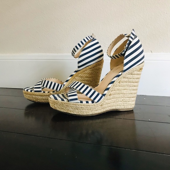Nine West Navy and White Striped Ankle Strap Wedges Cork woven wedge sandals - Picture 5 of 7